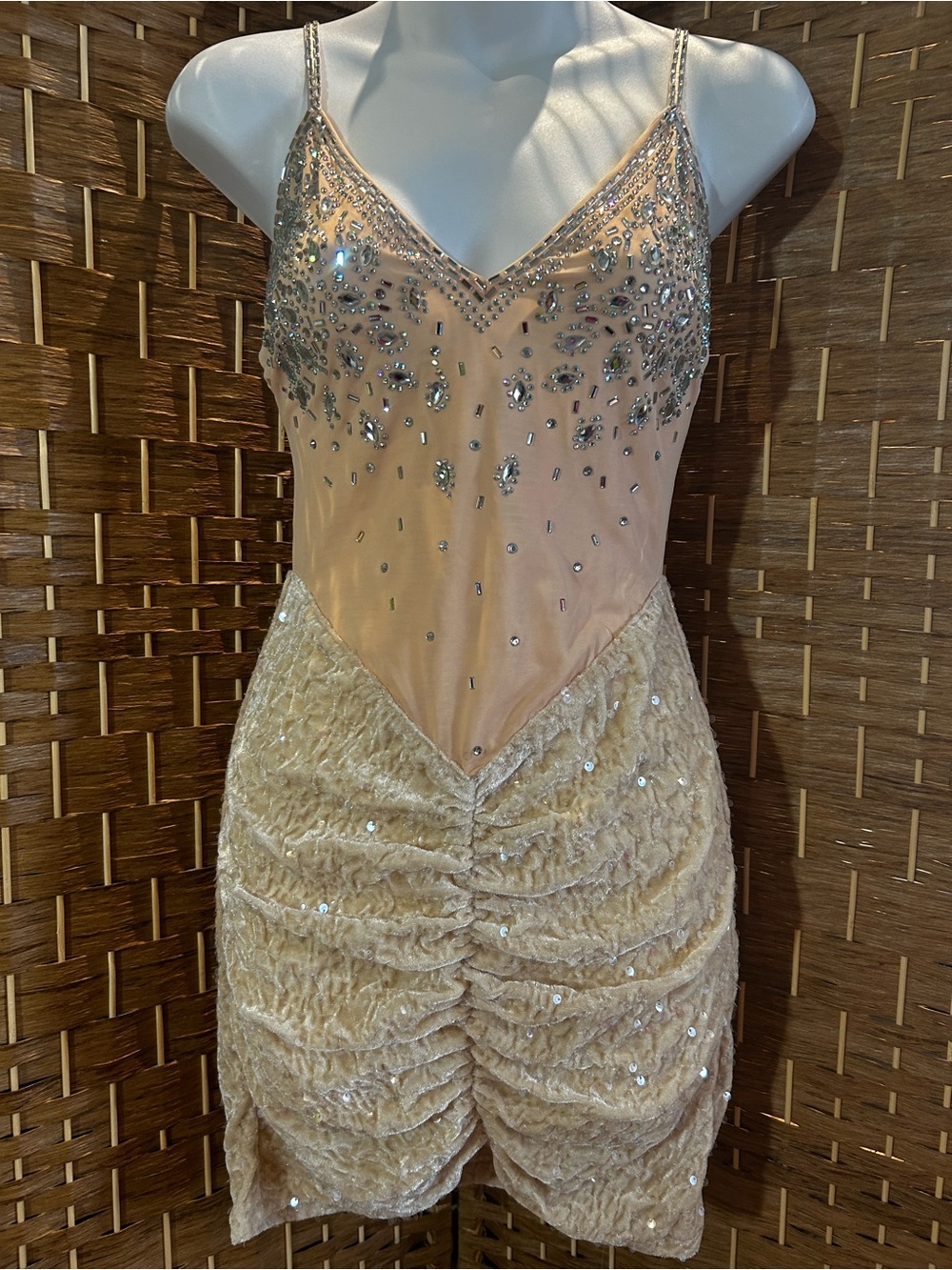 Beaded V-Neck Mini Dress in Blush and Cream